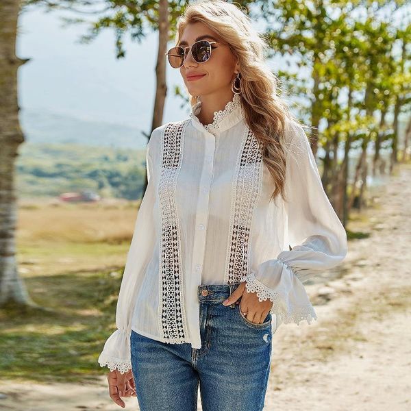 spring women 2021 solid color blouse hollow out splicing stand collar flare sleeve casual cozy elegant shirt for ladies1, White
spring women 2021 solid color blouse hollow out splicing stand collar flare sleeve casual cozy elegant shirt for ladies1, White