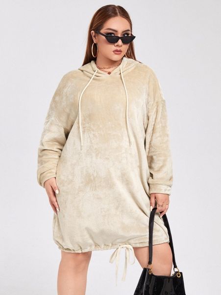 plus drop shoulder drawstring hem teddy hoodie dress 88mk#, Black