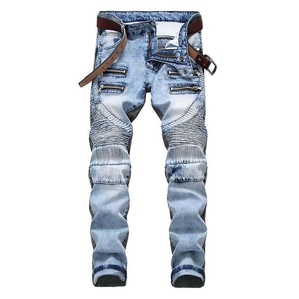 mcikkny fashion men's pleated biker jeans pants washed slim fit straight motorcycle denim trousers for male multi-pockets, Blue
mcikkny fashion men's pleated biker jeans pants washed slim fit straight motorcycle denim trousers for male multi-pockets, Blue