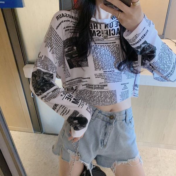 hong kong version of the newspaper printed long-sleeved t shirt women clothes short spring 2021 new loose bottoming shirt, White
hong kong version of the newspaper printed long-sleeved t shirt women clothes short spring 2021 new loose bottoming shirt, White