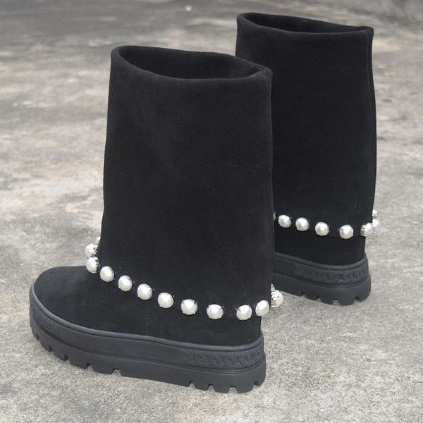 fashion pearl button rivets mid calf boots suede leather height increasing round toe thick platform sole woman shoe, Black
fashion pearl button rivets mid calf boots suede leather height increasing round toe thick platform sole woman shoe, Black