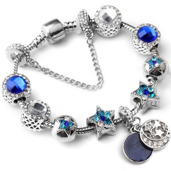 

925 sterling silver bead charm silver moon & stars blue starry charms dangle pendant beads fits european charms bracelets safety chain jewel, Golden;silver