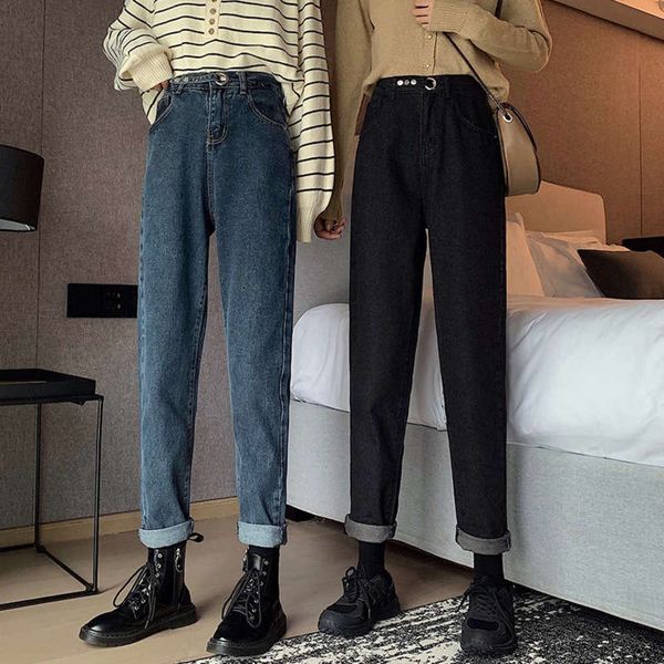 plush jeans women's high waist looks thin loose in autumn and winter8uy, Blue 
plush jeans women's high waist looks thin loose in autumn and winter8uy, Blue