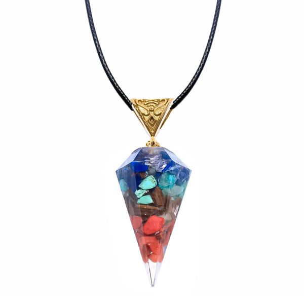 retro resin reiki healing colorful chips stone cone pendant chakra orgone energy pendants pendulum amulet orgonite crystal necklace jewelry, Silver 
retro resin reiki healing colorful chips stone cone pendant chakra orgone energy pendants pendulum amulet orgonite crystal necklace jewelry, Silver