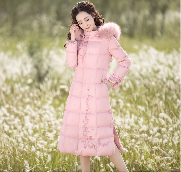 new style for autumn and winter women's vintage elegant embroidered raccoon dog fur collar medium-length down jacket, Black
new style for autumn and winter women's vintage elegant embroidered raccoon dog fur collar medium-length down jacket, Black