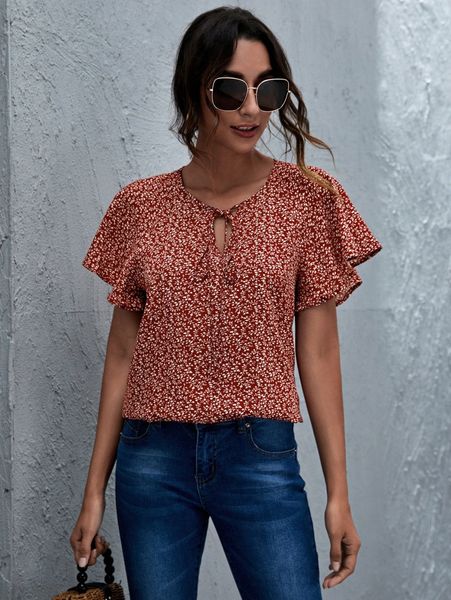 tie neck flutter sleeve ditsy floral k45r#, White
