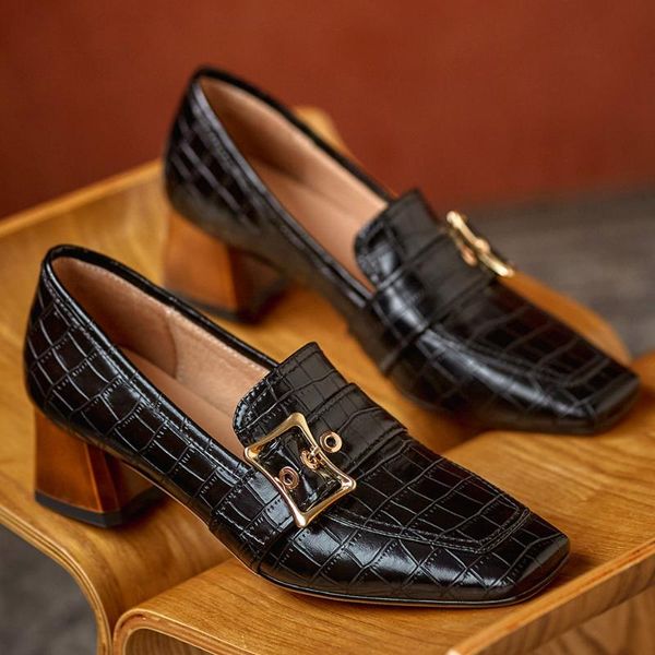 women's genuine leather stone pattern thick med heel square toe slip-on pumps soft comfortable metal buckle style dress shoes, Black 
women's genuine leather stone pattern thick med heel square toe slip-on pumps soft comfortable metal buckle style dress shoes, Black