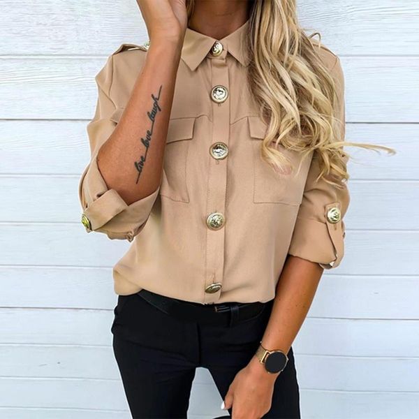 female turn-down collar shirt women fashion button blouse with pocket ladies elegant solid color shirt for women, White
female turn-down collar shirt women fashion button blouse with pocket ladies elegant solid color shirt for women, White