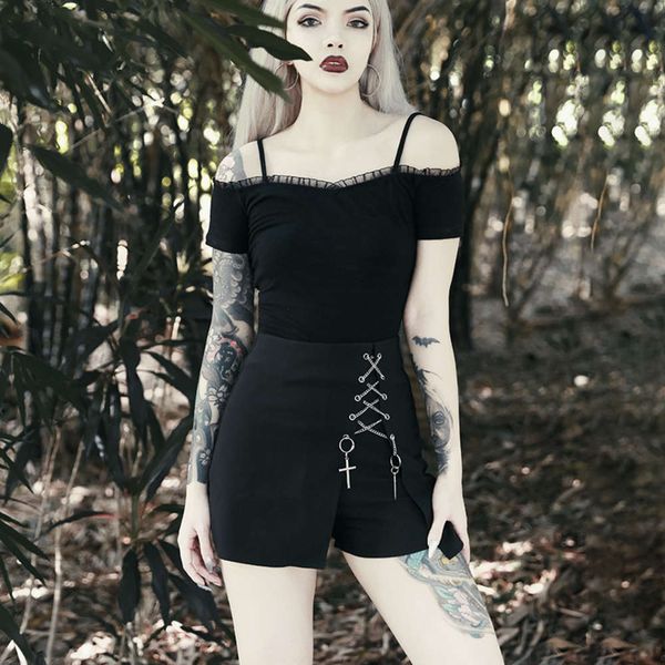 92133 large women's punk fashion two piece shorts short corns necklace pendant irregular split wrap skirt, White;black
92133 large women's punk fashion two piece shorts short corns necklace pendant irregular split wrap skirt, White;black