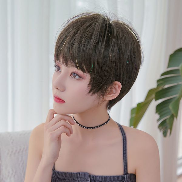female short hair net red headgear style ribbon flashing silk wave bobo head natural new hair cover bobo head fashion wig, Black
female short hair net red headgear style ribbon flashing silk wave bobo head natural new hair cover bobo head fashion wig, Black