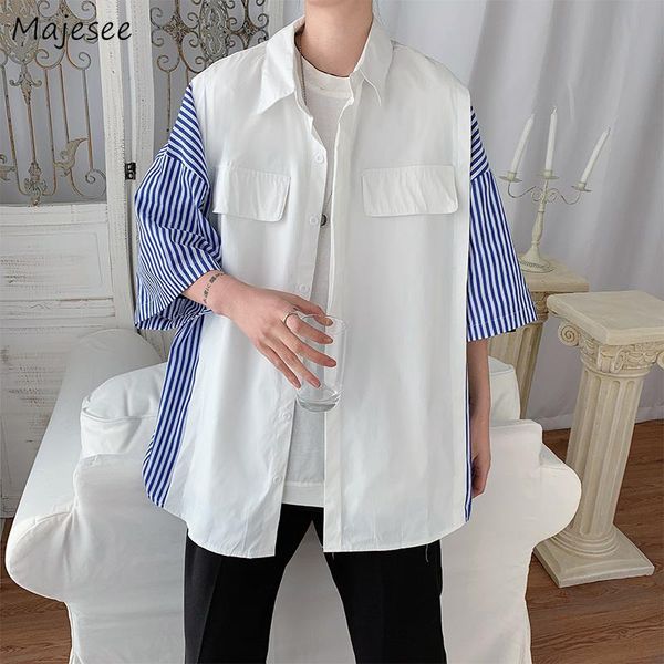 men shirts half-sleeve summer turn-down collar patchwork striped pockets loose all-match korean style trendy white mens casual, White;black
men shirts half-sleeve summer turn-down collar patchwork striped pockets loose all-match korean style trendy white mens casual, White;black