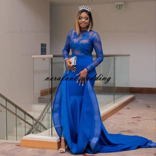 royal blue mermaid prom dress long sleeves sheer african evening gowns sweep train satin formal occasion second party gowns, Black
royal blue mermaid prom dress long sleeves sheer african evening gowns sweep train satin formal occasion second party gowns, Black
