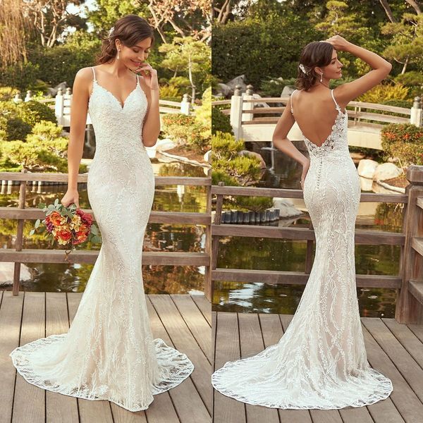 2021 new wedding dresses spaghetti straps lace appliques mermaid bridal gowns custom made backless sweep train modern wedding dress, White
2021 new wedding dresses spaghetti straps lace appliques mermaid bridal gowns custom made backless sweep train modern wedding dress, White