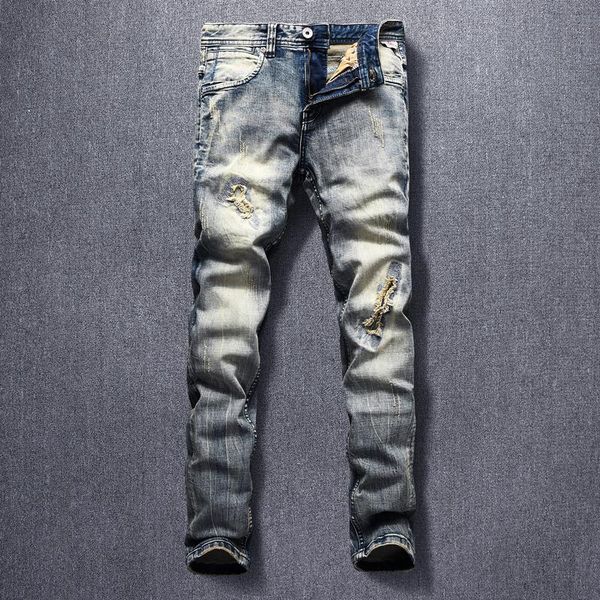 italian style fashion men jeans elastic slim fit ripped denim pants stretch retro vintage designer long trousers, Blue
italian style fashion men jeans elastic slim fit ripped denim pants stretch retro vintage designer long trousers, Blue