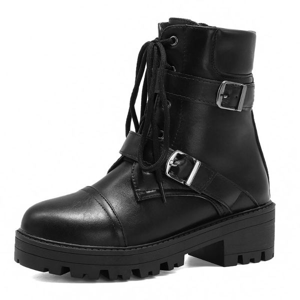 belt buckle short heel round toe lace-up short boots army green british style thick bottom plush boots waterproof platform, Black
belt buckle short heel round toe lace-up short boots army green british style thick bottom plush boots waterproof platform, Black