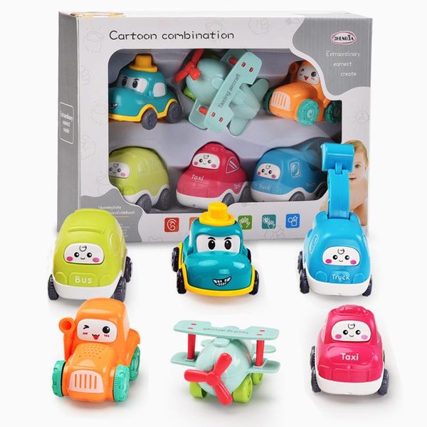 6pcs Cartoon Friction Cars Baby Toy Cute Taxi Bus Tractor Bebe For Kids Boys Educational Gift Over 1 Year Old