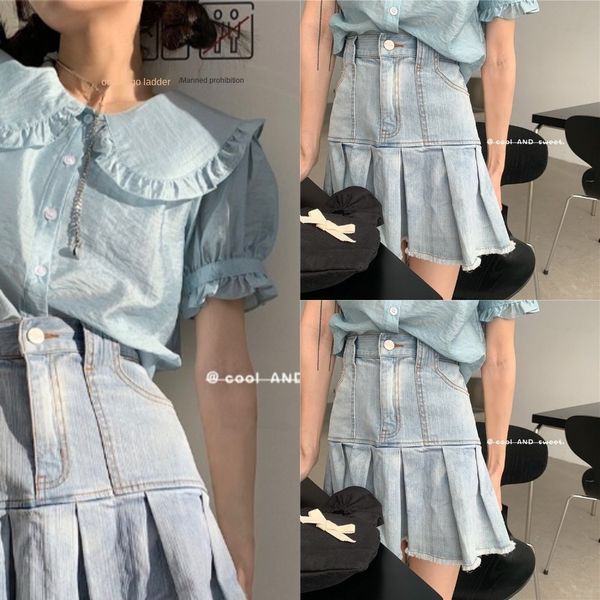 rui yifan's summer new age reduction baby collar pleated raw short shirt shirt shirthem denim skirt short skirt lbald, Gray
rui yifan's summer new age reduction baby collar pleated raw short shirt shirt shirthem denim skirt short skirt lbald, Gray