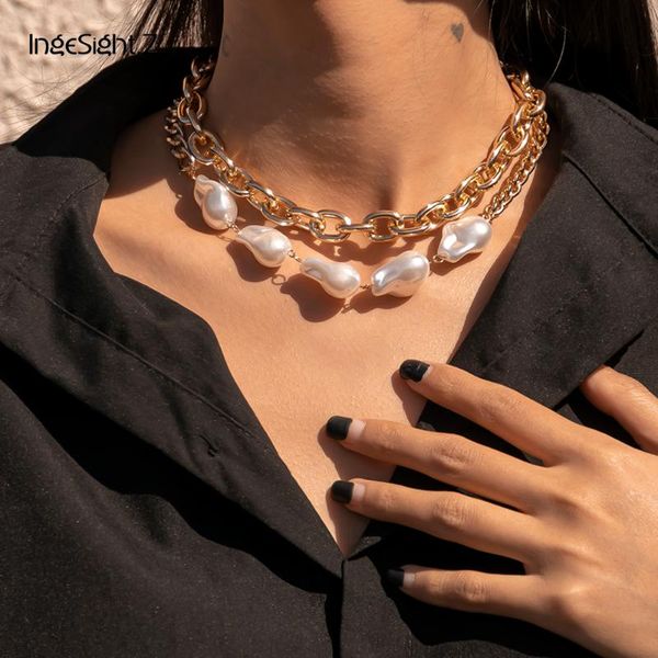 ingesight.z 2pcs/set punk thick miami curb choker necklace women multi layered baroque imitation pearl collar necklaces jewelry, Silver 
ingesight.z 2pcs/set punk thick miami curb choker necklace women multi layered baroque imitation pearl collar necklaces jewelry, Silver