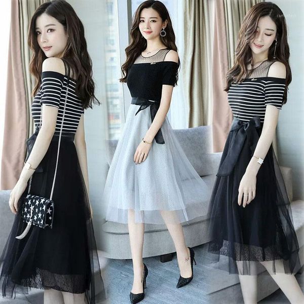 casual dresses 2021 summer women mesh self-cultivation cinched waist dress off-the-shoulder short-sleeve patchwork robe s701, Black;gray
casual dresses 2021 summer women mesh self-cultivation cinched waist dress off-the-shoulder short-sleeve patchwork robe s701, Black;gray