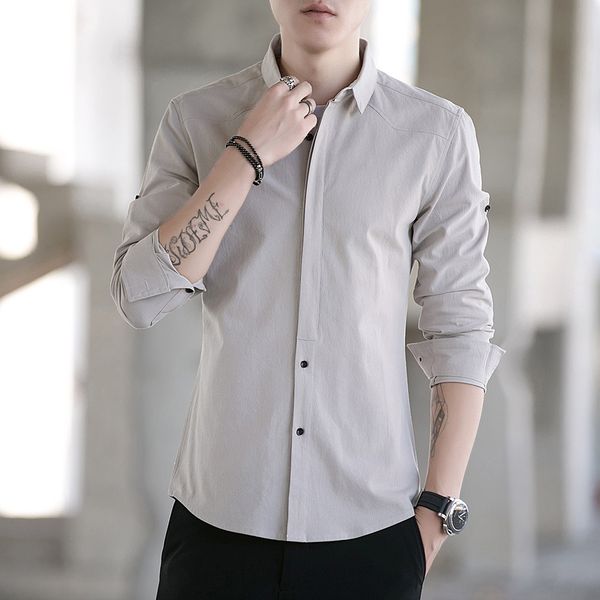 men's new fashion solid cotton long spring casual shirts slim business shirt men clothing, White;black
men's new fashion solid cotton long spring casual shirts slim business shirt men clothing, White;black
