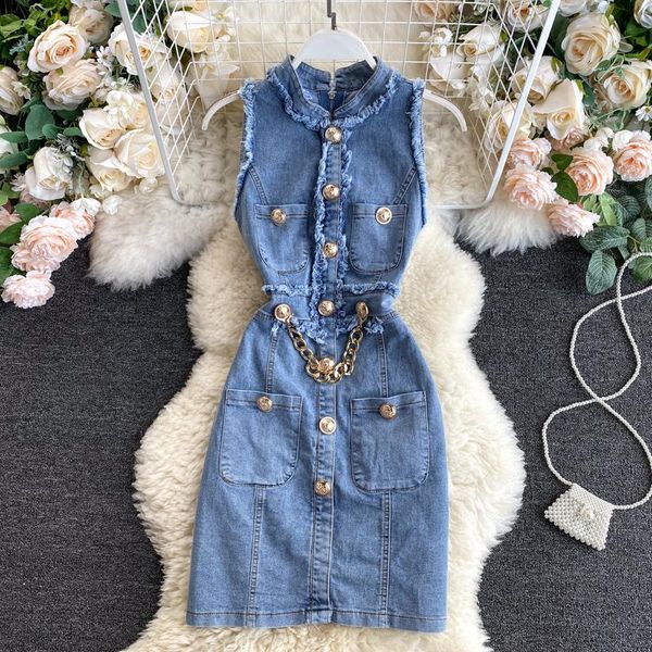 hong kong style women's dress 2021 new summer fashion burr slim sleeveless vest skirt retro denim skirt, Black;gray
hong kong style women's dress 2021 new summer fashion burr slim sleeveless vest skirt retro denim skirt, Black;gray