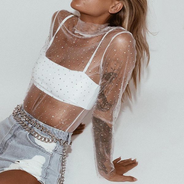 2021 new women sheer mesh sequin fish net long sleeve stand neck see stand collar tee shirt blouse, White
2021 new women sheer mesh sequin fish net long sleeve stand neck see stand collar tee shirt blouse, White