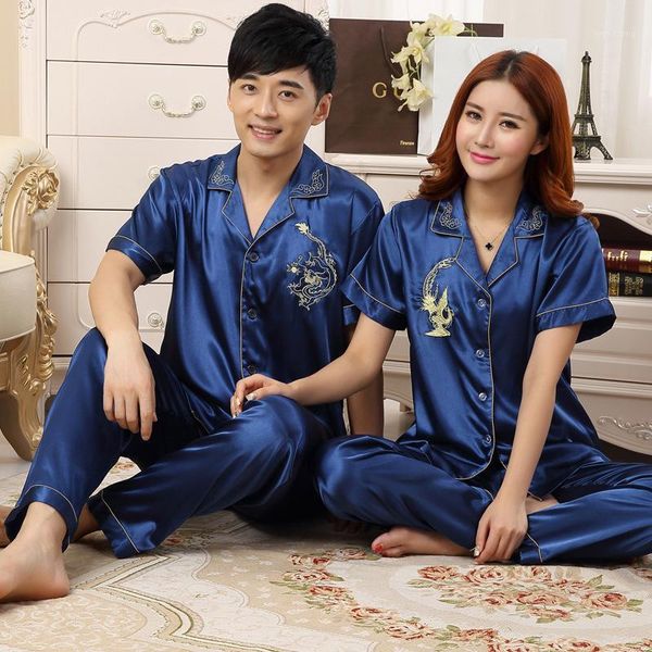 and summer men's and women's dragon phoenix couple's silk pajamas silk extra large short sleeve home clothes thin1, Black;brown
and summer men's and women's dragon phoenix couple's silk pajamas silk extra large short sleeve home clothes thin1, Black;brown