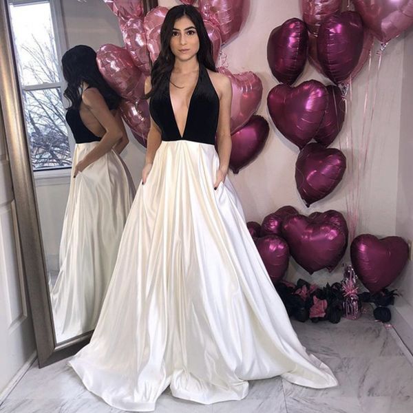 new chic deep v neck black evening dress halter backless sweep train satin pleated customize prom formal gowns with pocket, Black;red
new chic deep v neck black evening dress halter backless sweep train satin pleated customize prom formal gowns with pocket, Black;red