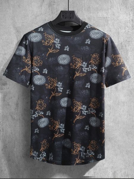 men floral print curved hem tee 19pv#, White;black