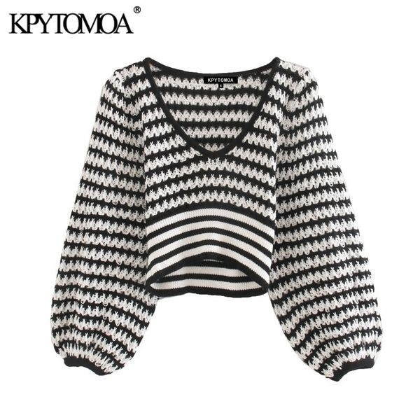 kpytomoa women fashion striped cropped knitted sweater vintage v neck lantern sleeve female pullovers chic 201017, White;black
kpytomoa women fashion striped cropped knitted sweater vintage v neck lantern sleeve female pullovers chic 201017, White;black