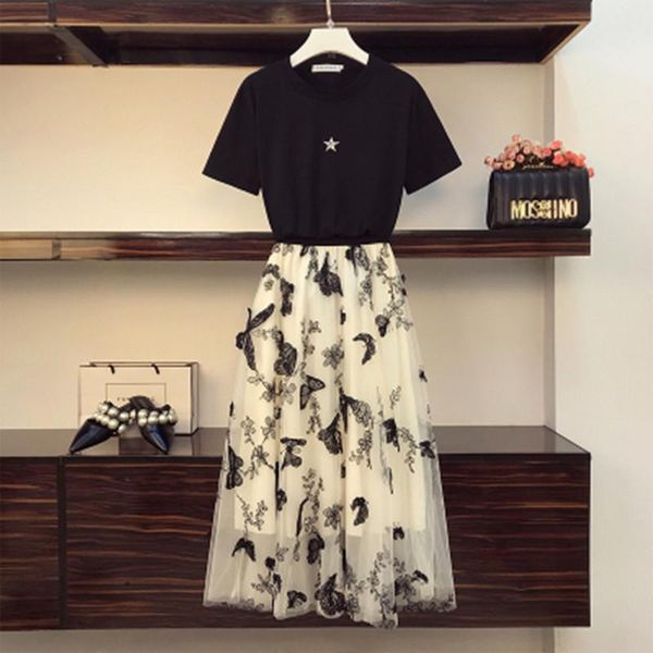 plus size vintage women 2 piece sets sweet round collar short sleeve black + embroidery high-waist mesh skirt casual set1, White 
plus size vintage women 2 piece sets sweet round collar short sleeve black + embroidery high-waist mesh skirt casual set1, White