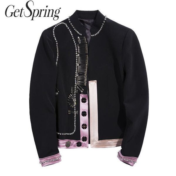 getspring women blazer stand collar long sleeve ladies black blazer coat satin stitching pin diamond irregular women suit jacket, White;black
getspring women blazer stand collar long sleeve ladies black blazer coat satin stitching pin diamond irregular women suit jacket, White;black