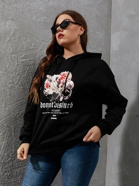 plus letter & floral print drop shoulder drawstring hoodie t9c7#, Black
plus letter & floral print drop shoulder drawstring hoodie t9c7#, Black