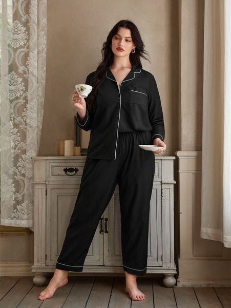 plus pocket front contrast piping pj set 63be#, Black;white
plus pocket front contrast piping pj set 63be#, Black;white
