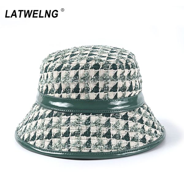 vintage designer tweed bucket hats for women fashion autumn winter uv hat ladies plaid caps with pu stitching 3 colors wholesale t200116, Blue;gray 
vintage designer tweed bucket hats for women fashion autumn winter uv hat ladies plaid caps with pu stitching 3 colors wholesale t200116, Blue;gray