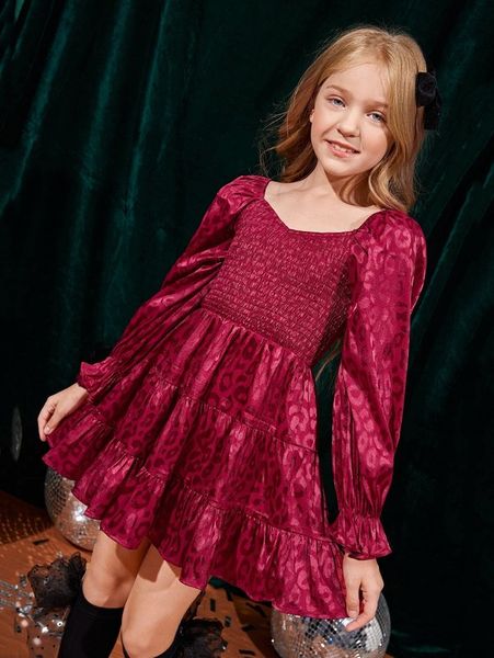 girls leopard jacquard shirred flounce sleeve ruffle hem dress she, Red;yellow
girls leopard jacquard shirred flounce sleeve ruffle hem dress she, Red;yellow