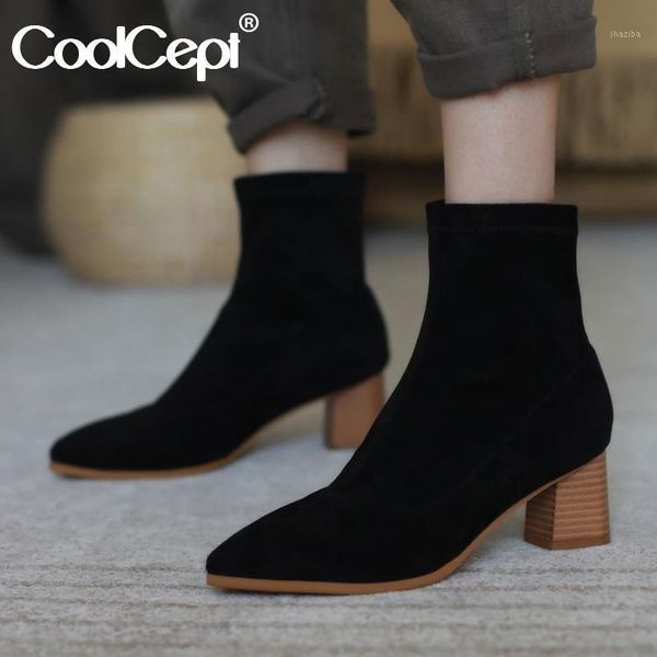 boots coolcept women ankle pointed toe sock chunky heel suede leather slip on shoes solid color size 34-391, Black 
boots coolcept women ankle pointed toe sock chunky heel suede leather slip on shoes solid color size 34-391, Black