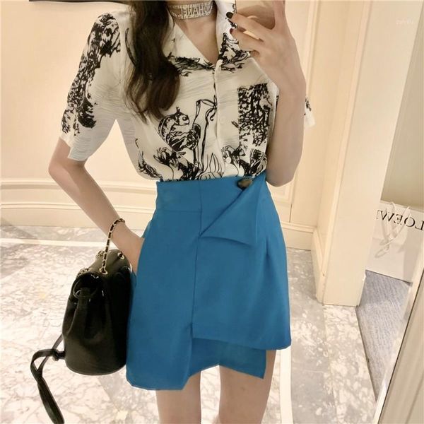 women fashion ink print 2 piece clothing set 2020 summer short sleeve blouse shirt + high waist blue irregular mini skirt set1, White
women fashion ink print 2 piece clothing set 2020 summer short sleeve blouse shirt + high waist blue irregular mini skirt set1, White