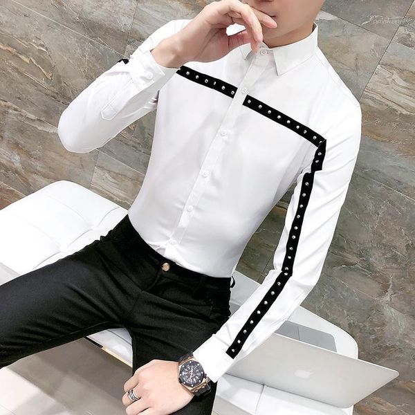 men's dress shirts fashion rivets design men shirt spring 2021 solid slim fit tuxedo long sleeve korean male black/white 3xl1, White;black
men's dress shirts fashion rivets design men shirt spring 2021 solid slim fit tuxedo long sleeve korean male black/white 3xl1, White;black