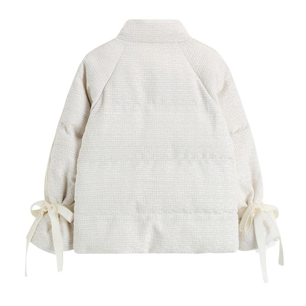 2021 New Hot Blouse Puffer Short White Winter Coat Bowtie Ribbon Collar Cotton Women's Clothing L77E, Black