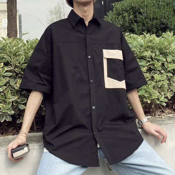 men's casual shirts 2021 summer youth male color matching loose single-breasted tooling short-sleeved shirt fashion top, White;black
men's casual shirts 2021 summer youth male color matching loose single-breasted tooling short-sleeved shirt fashion top, White;black