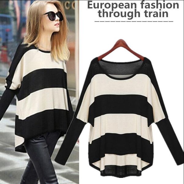 women's sweaters autumn and winter bat shirt pullover round neck striped knitted loose plus size slimming sweater women, White;black 
women's sweaters autumn and winter bat shirt pullover round neck striped knitted loose plus size slimming sweater women, White;black