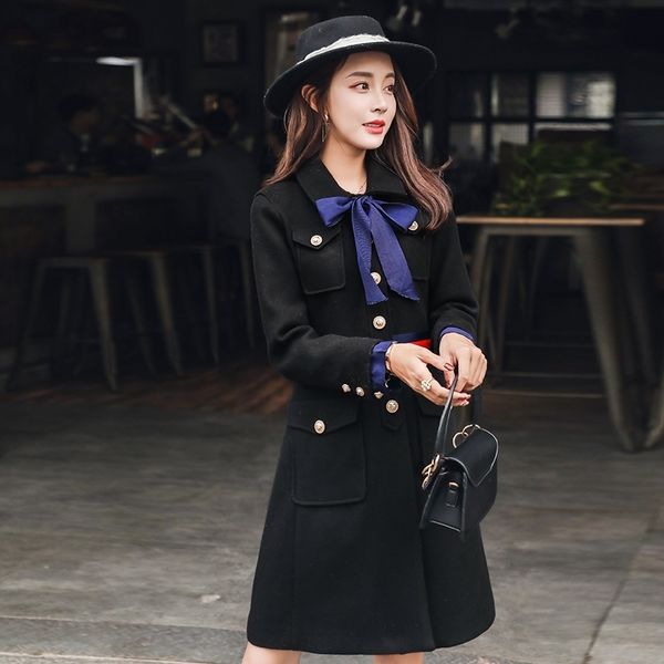 women's wool & blends long jacket winter coat stripe korean slimming street thicken coat 201103, Black
women's wool & blends long jacket winter coat stripe korean slimming street thicken coat 201103, Black