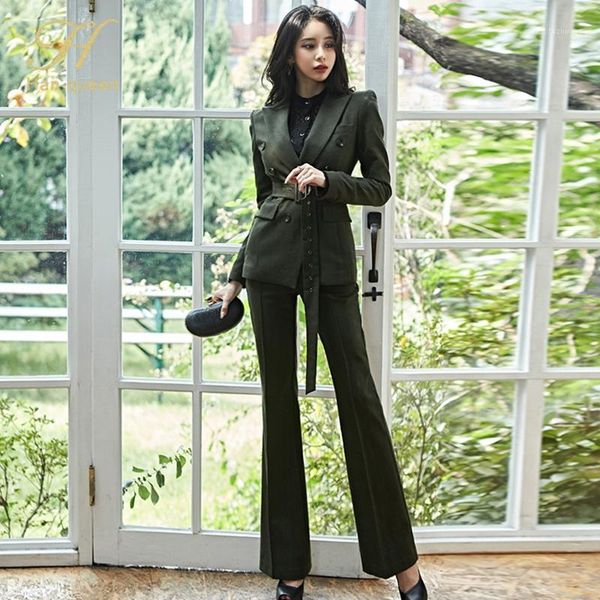 h han queen simple women pant suit double breasted with belt blazer jacket & high waist flared pant new office wear female sets1, White
h han queen simple women pant suit double breasted with belt blazer jacket & high waist flared pant new office wear female sets1, White