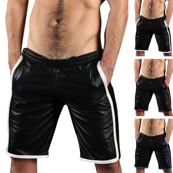 men's shorts casual pu leather outerwear pants fashion strap black stitching elastic joggers trousers waist pocket, White;black
men's shorts casual pu leather outerwear pants fashion strap black stitching elastic joggers trousers waist pocket, White;black