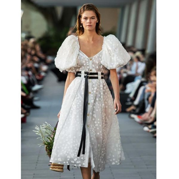 2021 summer runway polka dots v neck single breasted white sweet dress ruffles puff sleeve elegant party midi dress with belt, Black;gray
2021 summer runway polka dots v neck single breasted white sweet dress ruffles puff sleeve elegant party midi dress with belt, Black;gray