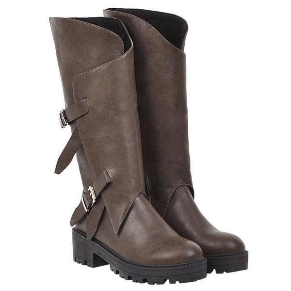 jaycosin women winter warm boots mid-calf winter boots round head large size buckle women's long barrel casual shoes, Black