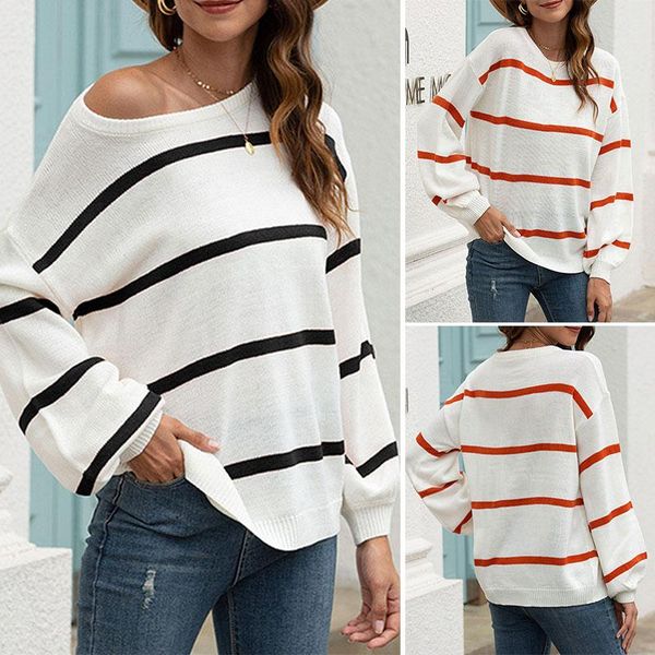 women's sweaters autumn and winter sweater round neck off-the-shoulder striped color-block pullover, White;black
women's sweaters autumn and winter sweater round neck off-the-shoulder striped color-block pullover, White;black