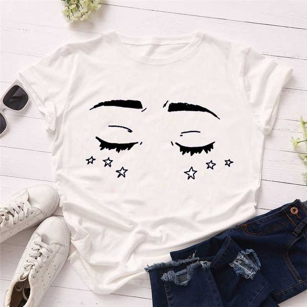 luslos women t shirts bling eyes print tshirt girls ladies graphic tees o-neck casual white polyester tees drop ship