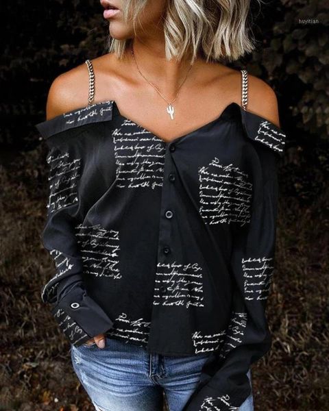 letter print chain strap button design shirt long sleeve cold shoulder blouse1, White
letter print chain strap button design shirt long sleeve cold shoulder blouse1, White